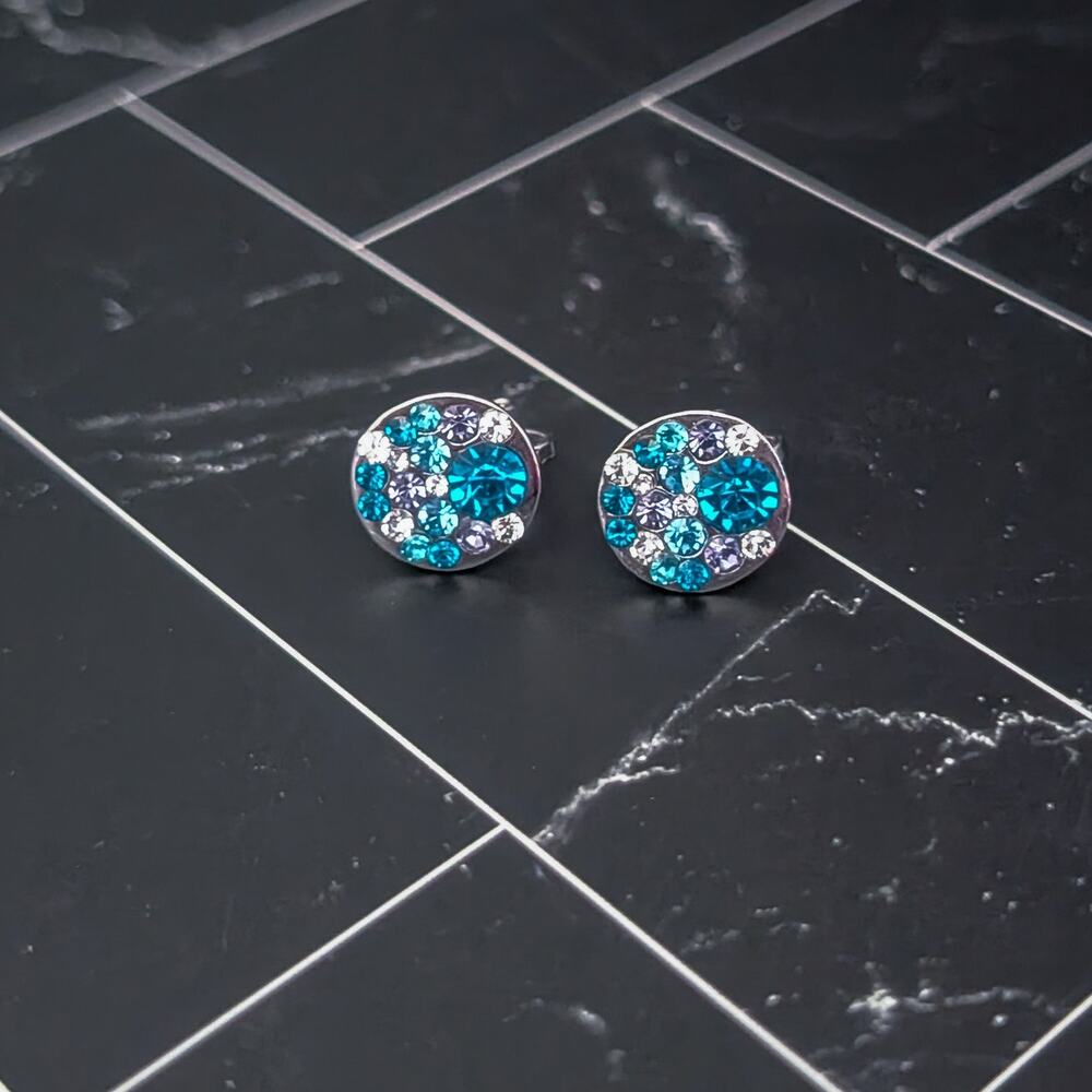 Vintage Clip On Earrings Silver Tone with Blue, Clear and Purple Gems 0.5"